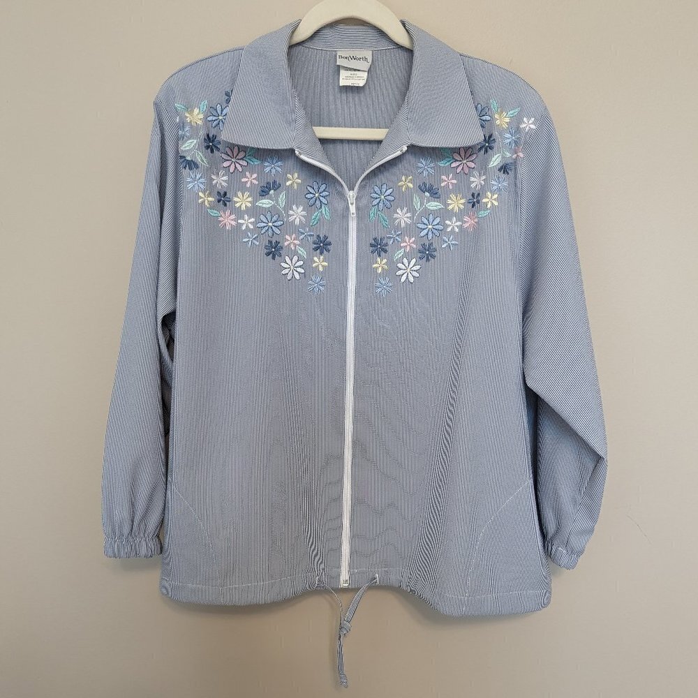 VINTAGE Bon Worth seersucker blue white jacket floral embroidery EUC Petite L